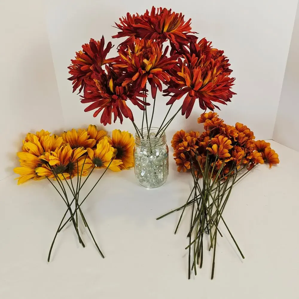43 Pc Artificial Silk Fall Flower Stems Red Orange Yellow Floral Craft Decor Lot